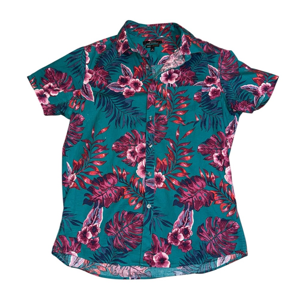 5️⃣Marc Anthony Teal Floral Short Sleeve Button Up Slim Fit Medium